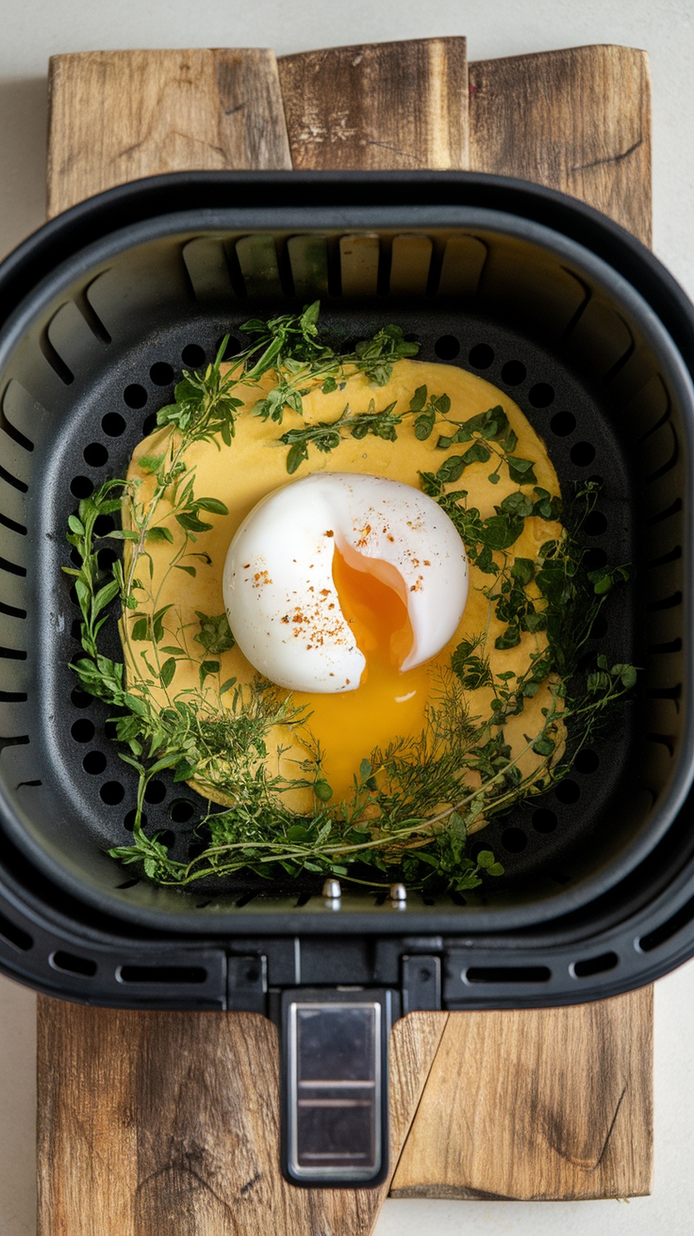 Air fryer poached eggs with herbs