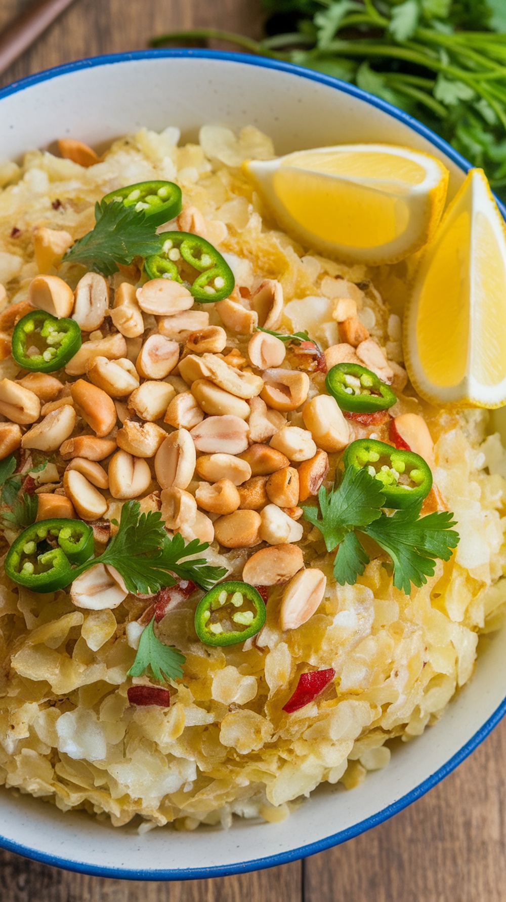 Delicious Poha topped with peanuts and fresh coriander, served in a bowl with lemon wedges.