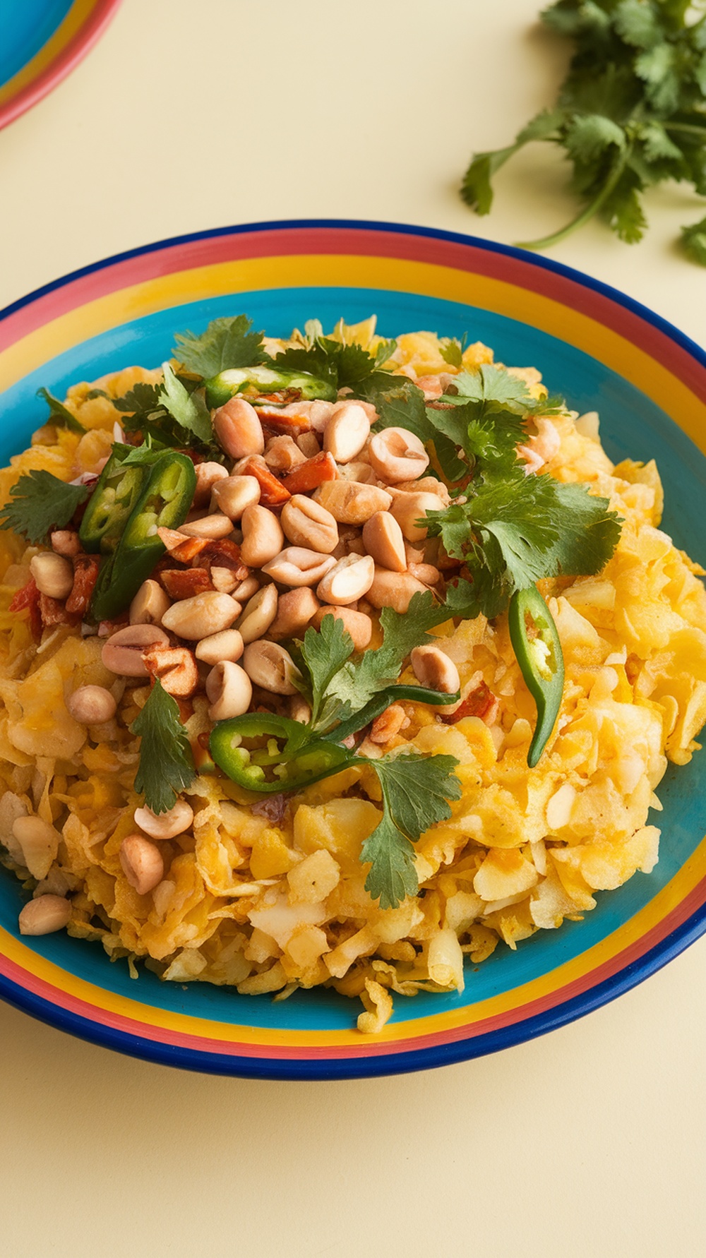 A colorful bowl of poha garnished with peanuts and green chilies