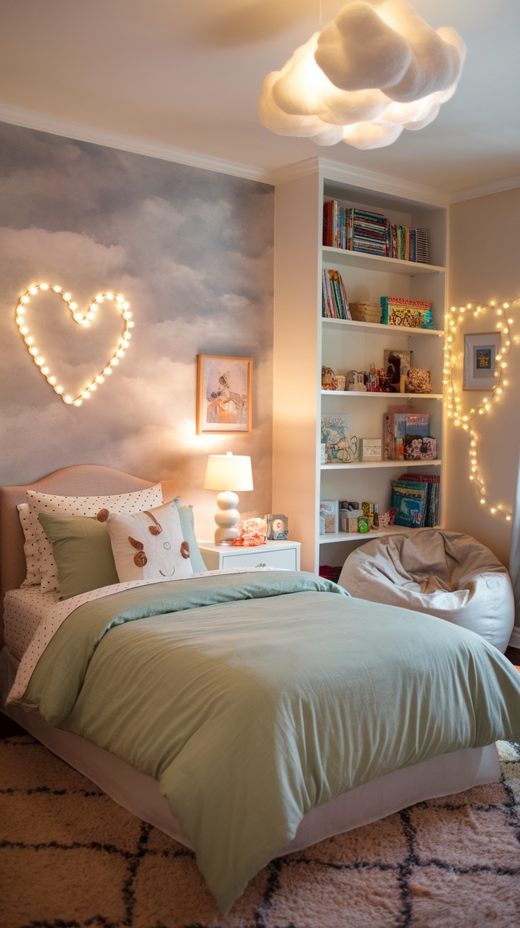 A cozy bedroom featuring sage green bedding, playful pillows, and soft lighting.
