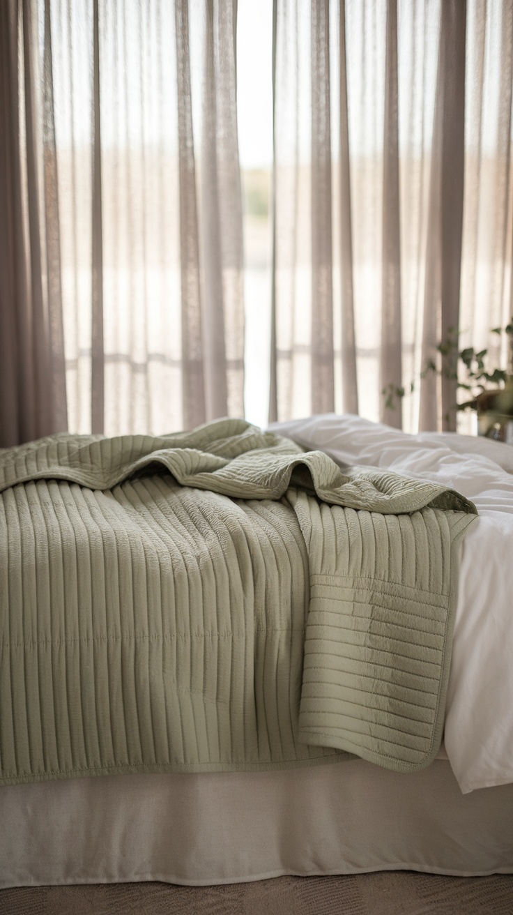 A sage green quilt laid over a bed with soft white sheets, surrounded by sheer curtains.