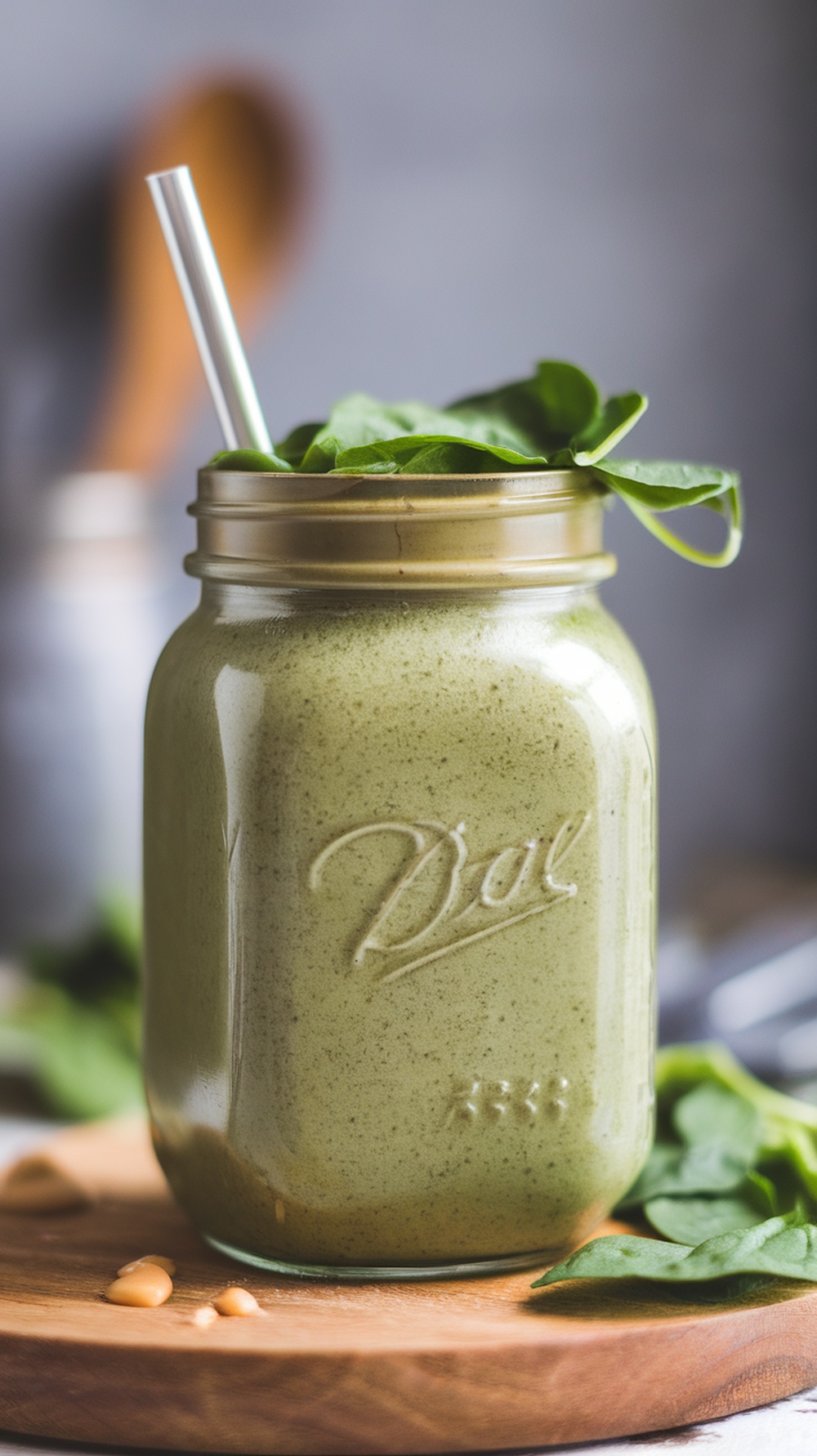 A refreshing green smoothie in a glass jar, topped with spinach leaves.