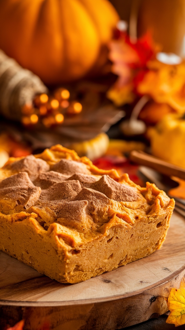 A delicious pumpkin spice breakfast casserole, garnished with spices, surrounded by fall decorations.