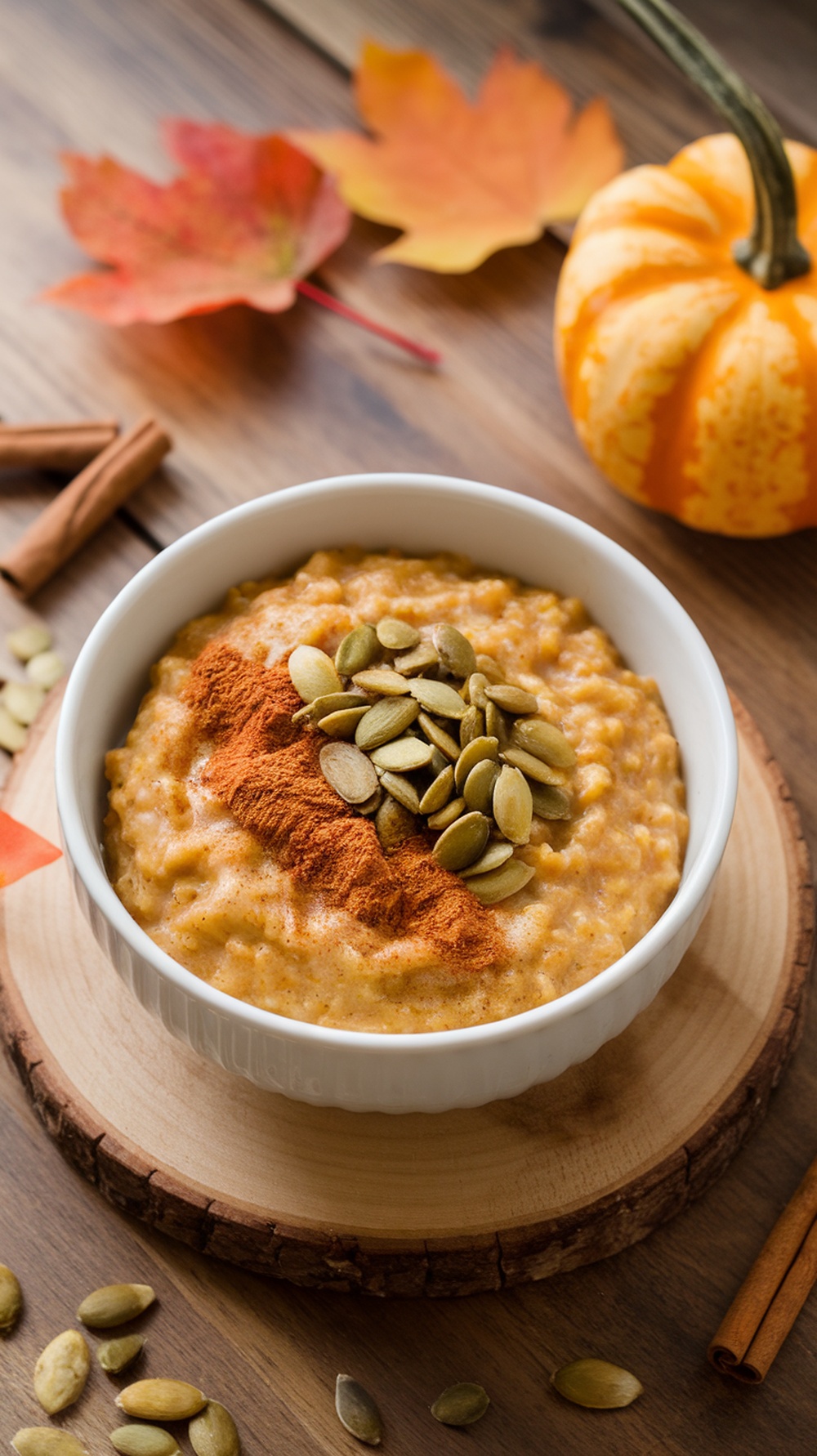 A bowl of pumpkin spice oatmeal topped with pumpkin seeds and cinnamon.