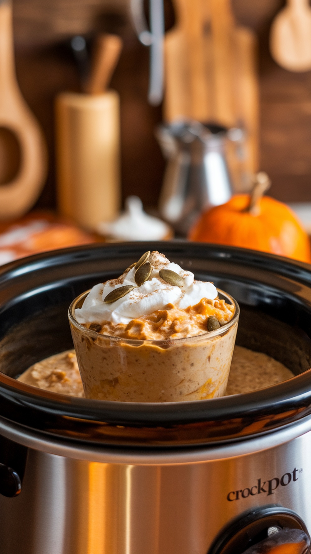 Bowl of pumpkin spice overnight oats topped with whipped cream and pumpkin seeds.