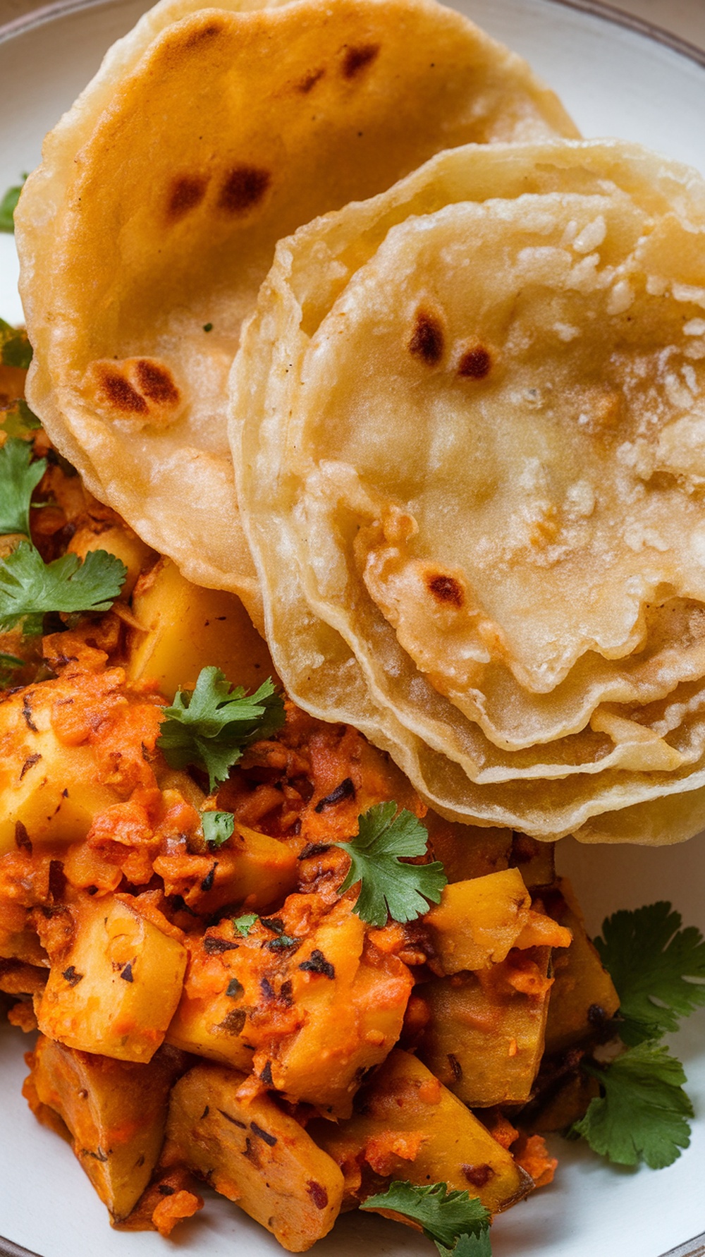 A traditional Indian dish featuring puris and aloo sabzi.