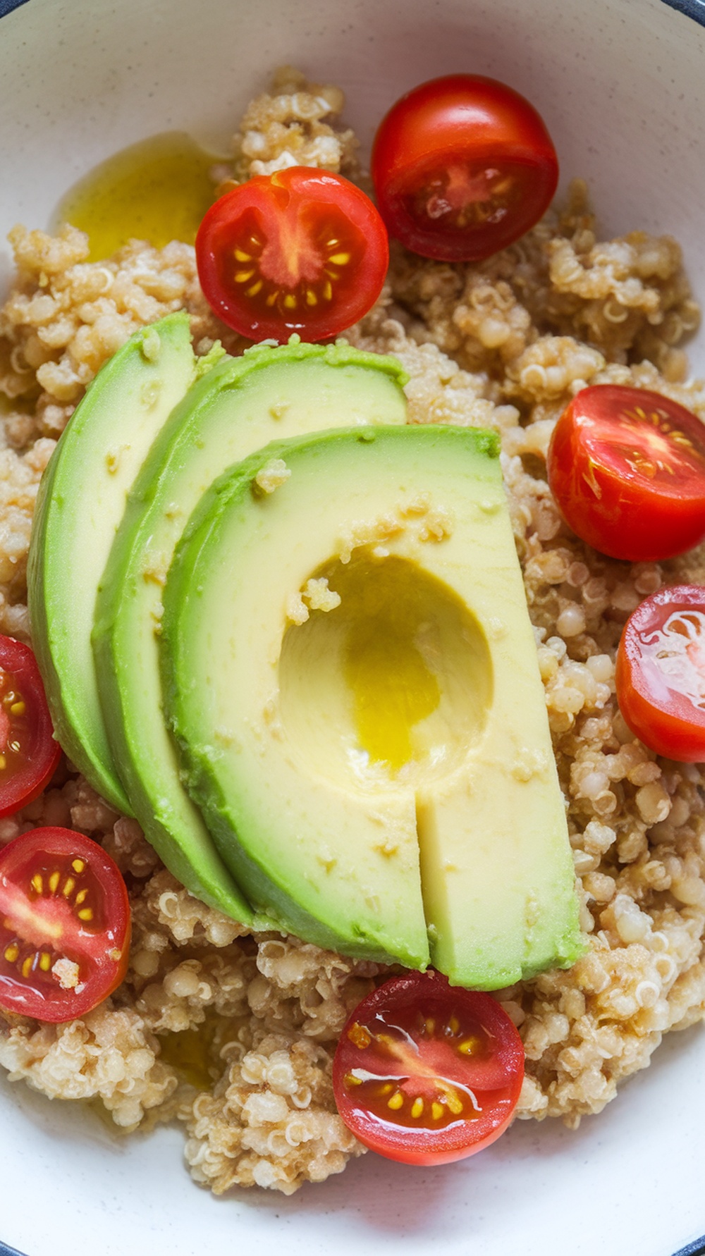 A healthy quinoa breakfast bowl topped with avocado and cherry tomatoes.