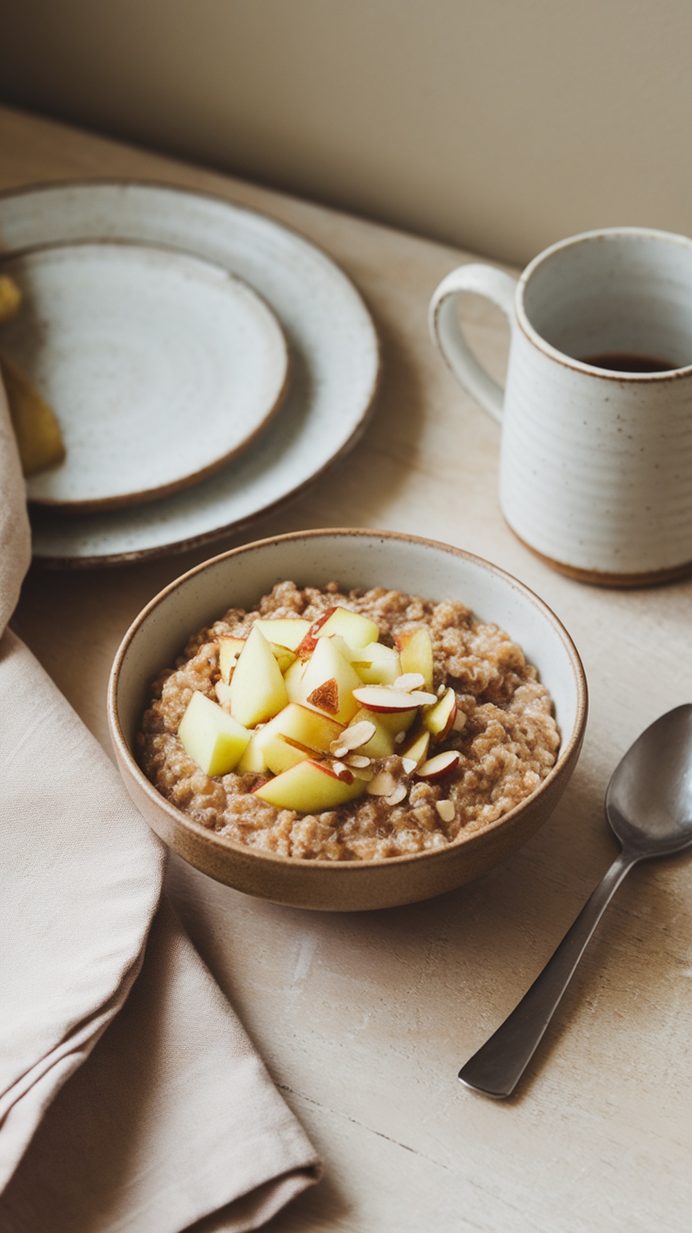 A bowl of quinoa porridge topped with diced apples and sliced almonds, served with a rustic backdrop.