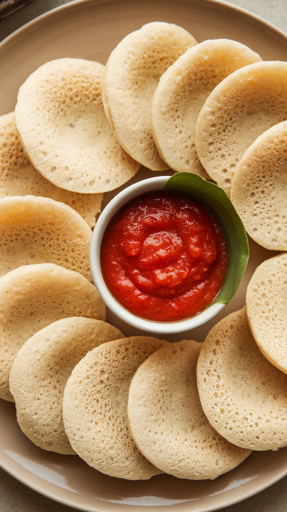 A plate of Rawa Idli served with tomato chutney