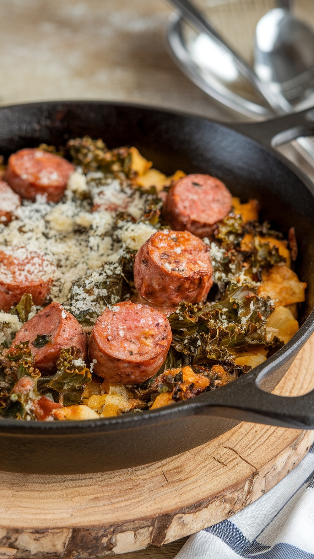 A delicious sausage and kale skillet with melted cheese.
