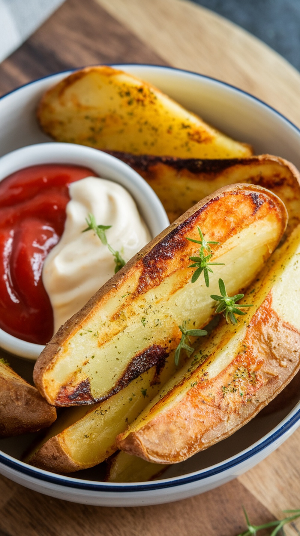 Savory air fryer potato wedges served with dipping sauces.