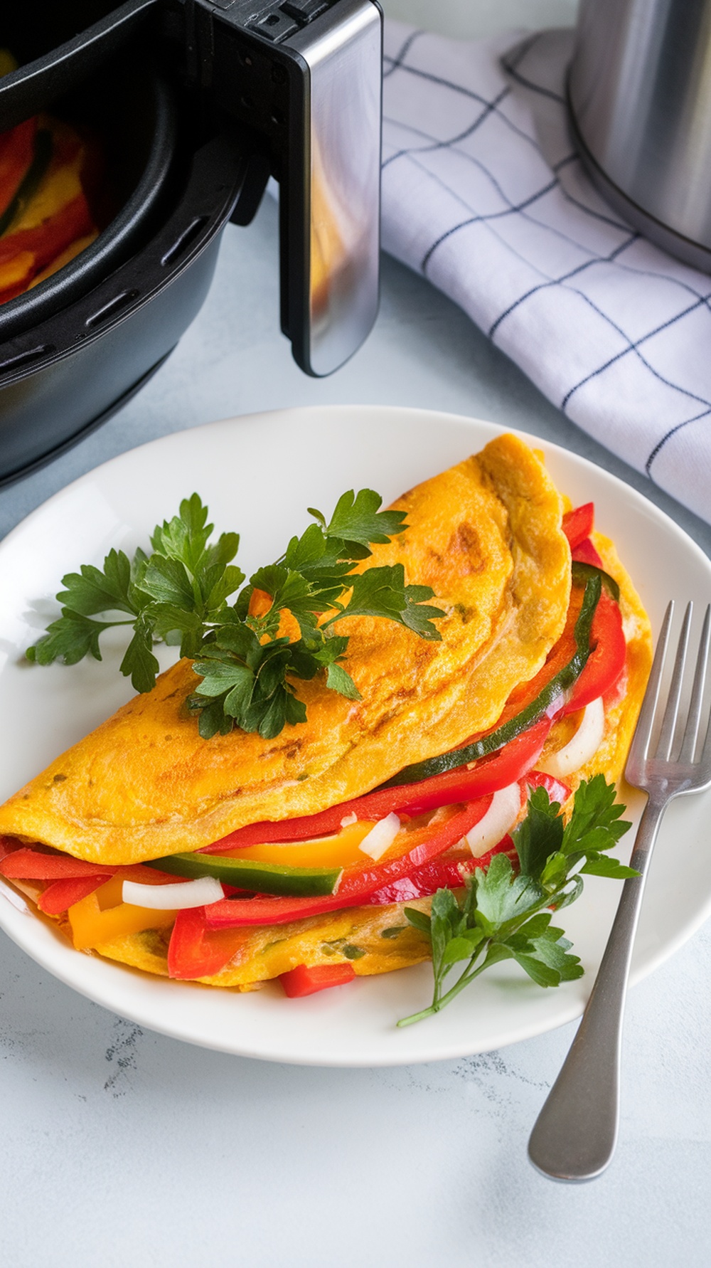 A delicious veggie omelette with colorful peppers and onions, garnished with parsley.