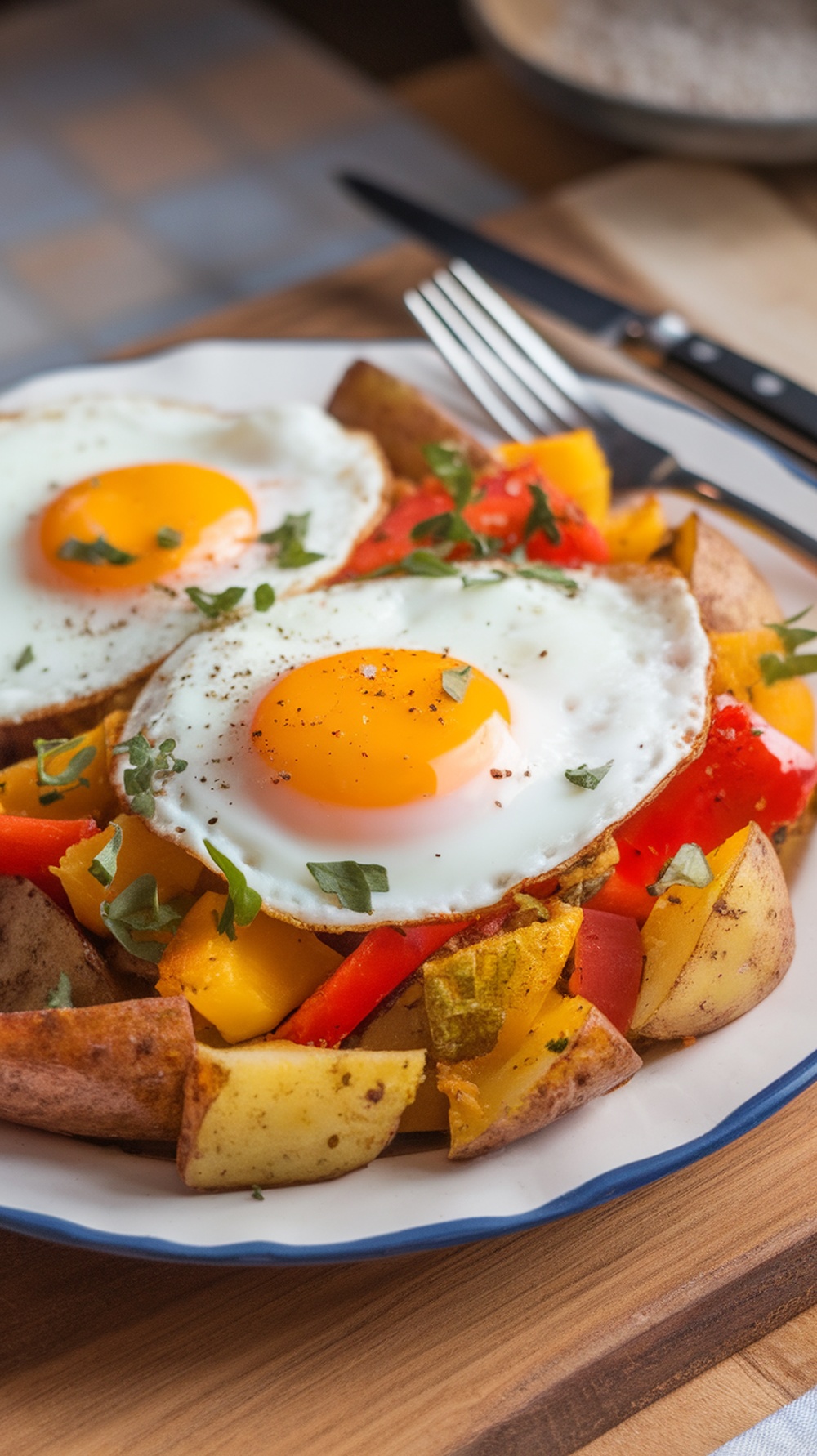 A plate of savory breakfast hash with potatoes, bell peppers, and eggs.
