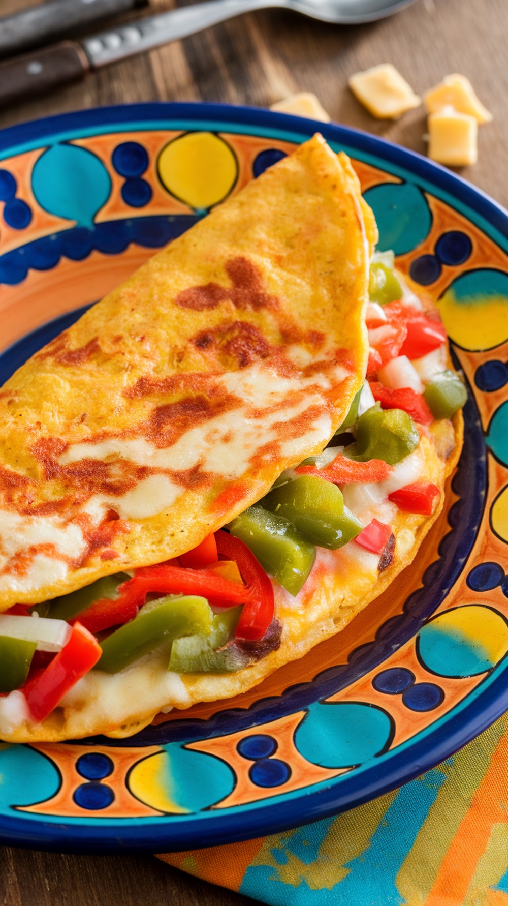 A savory Mexican omelette filled with peppers and cheese on a colorful plate.
