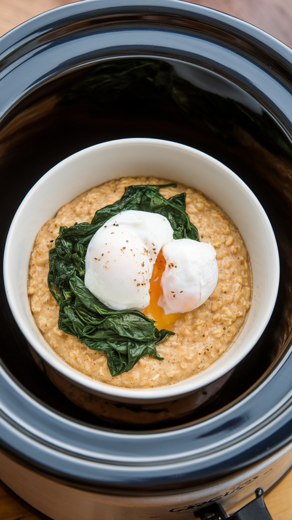 A bowl of savory oatmeal topped with poached eggs and spinach.