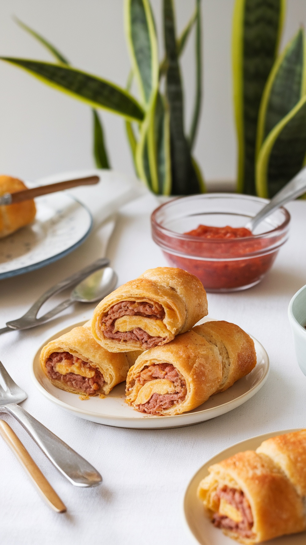 Plate of savory sausage and egg breakfast roll-ups with a side of marinara sauce.