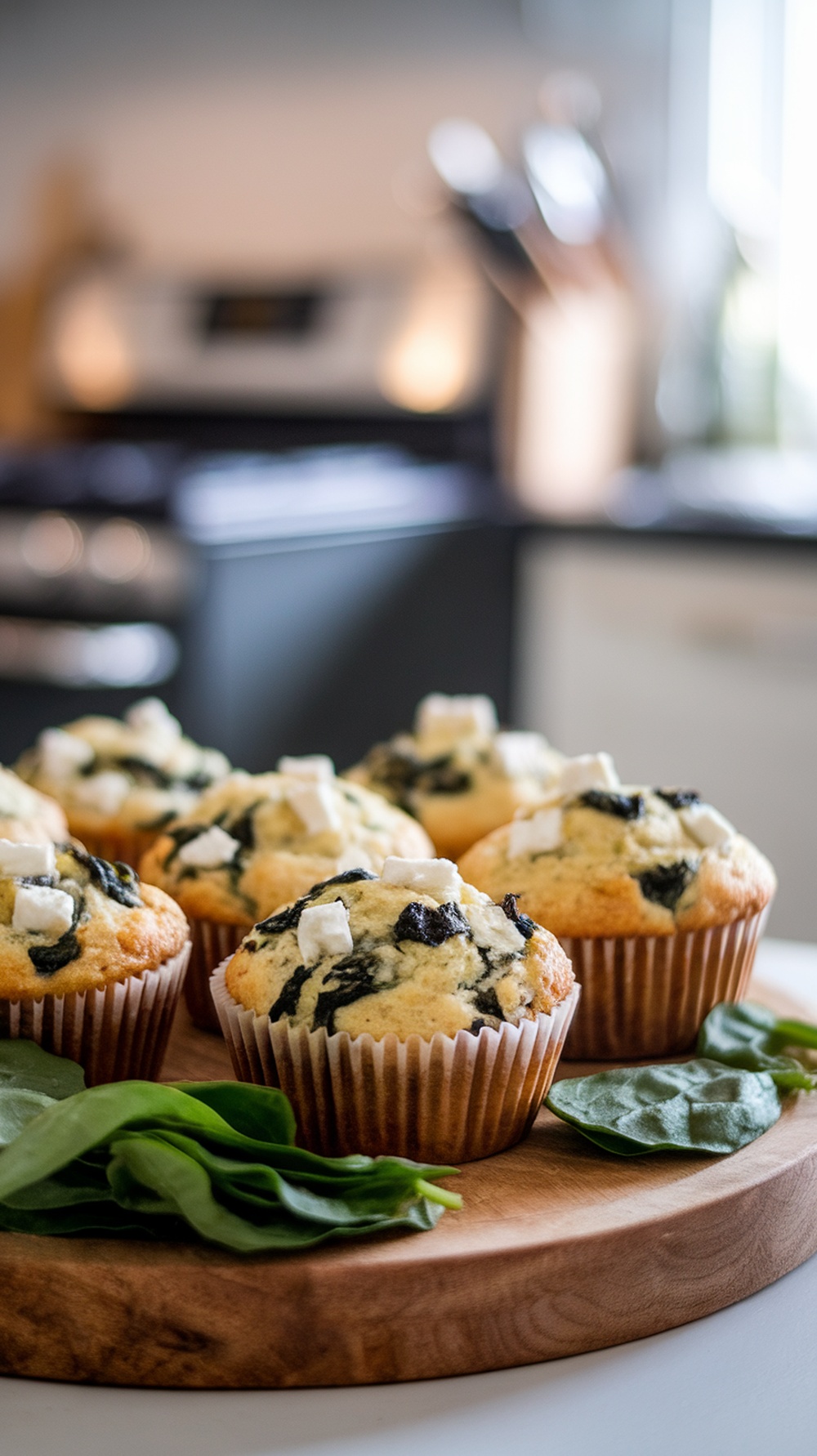 Freshly baked savory spinach and feta muffins on a wooden board with spinach leaves