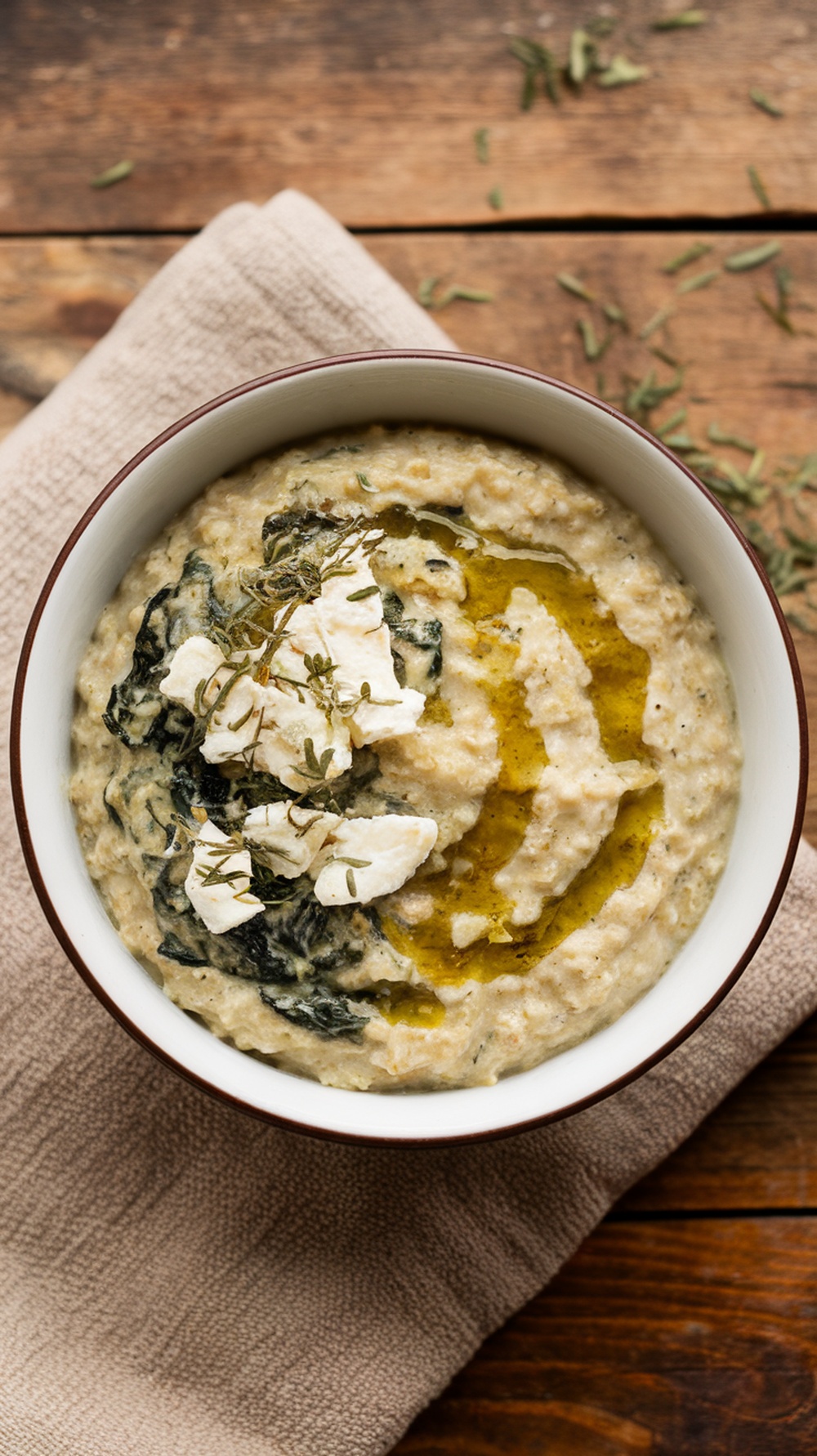 A bowl of savory oatmeal topped with spinach, feta cheese, and olive oil.