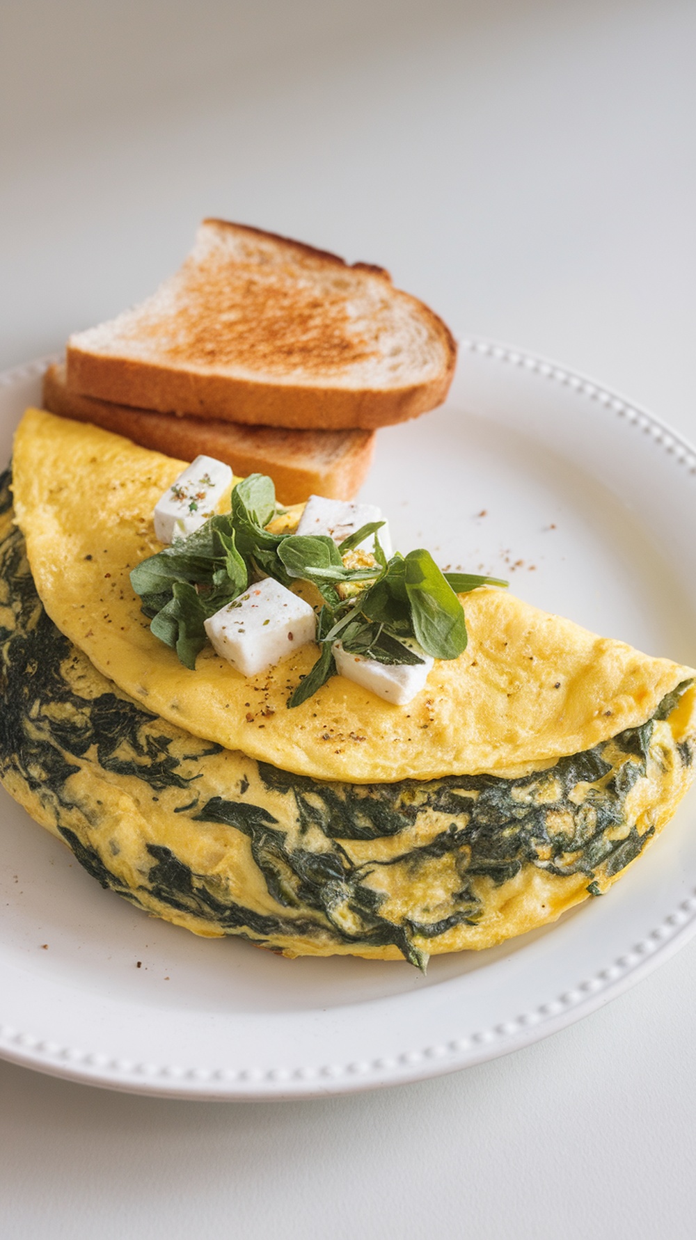 A plate of savory spinach and feta omelette with toast.