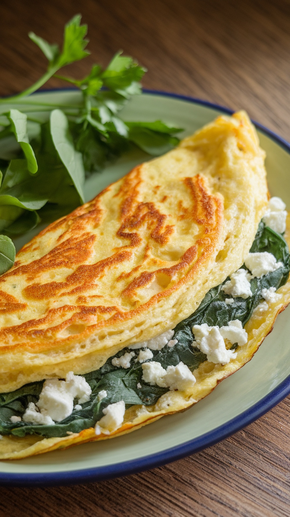 A savory spinach and feta omelette served on a plate.