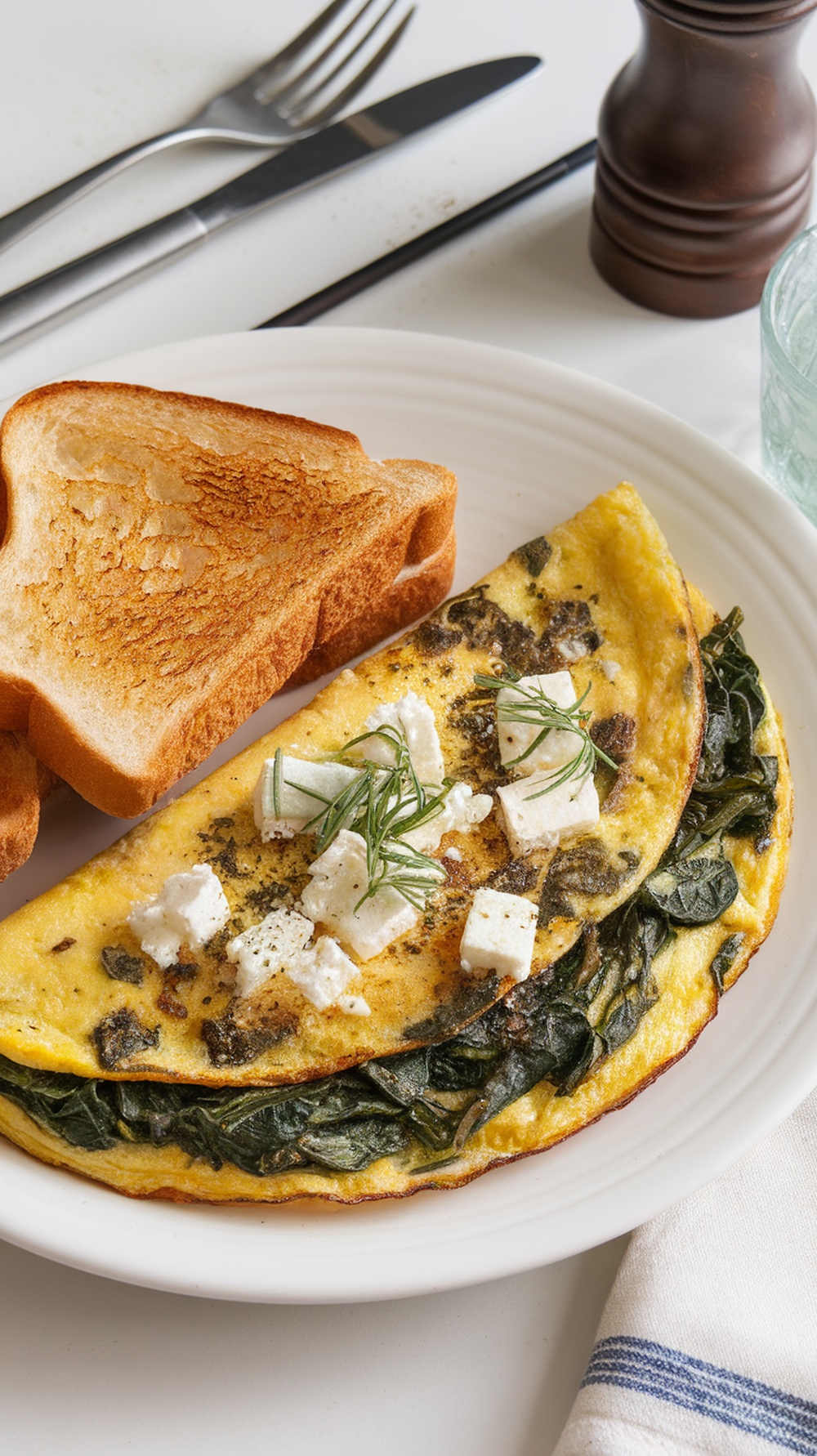 Savory Spinach and Feta Omelette served with toasted bread.