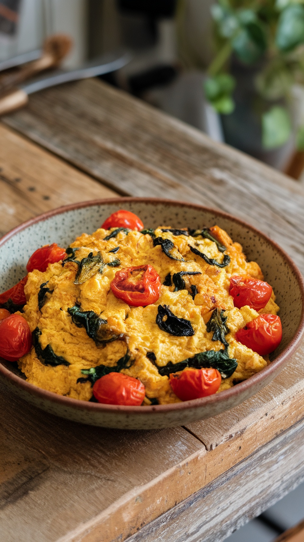 A bowl of savory tofu scramble with spinach and tomatoes