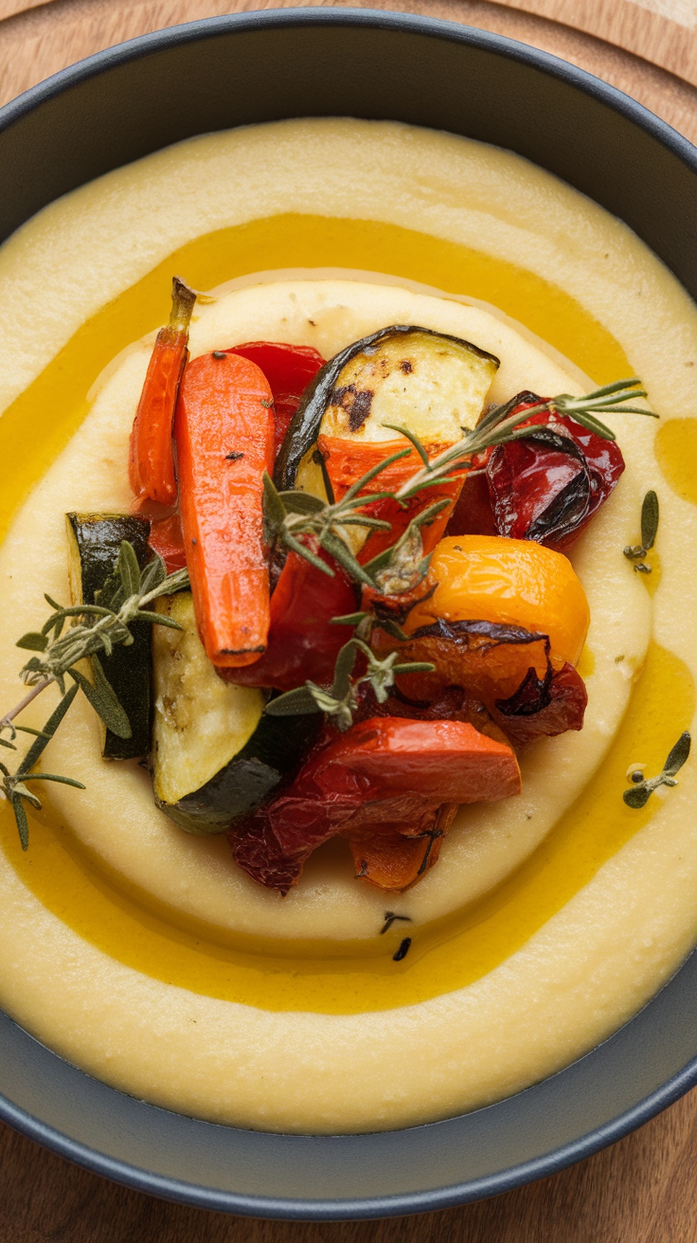 A bowl of creamy polenta topped with colorful roasted vegetables, garnished with herbs and drizzled with olive oil.