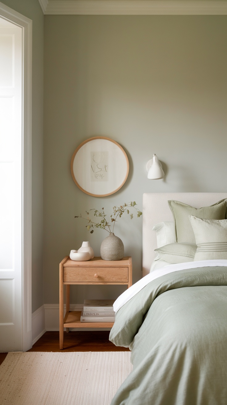 A serene bedroom featuring Sherwin-Williams Sea Salt walls, natural wood furniture, and soft green bedding.