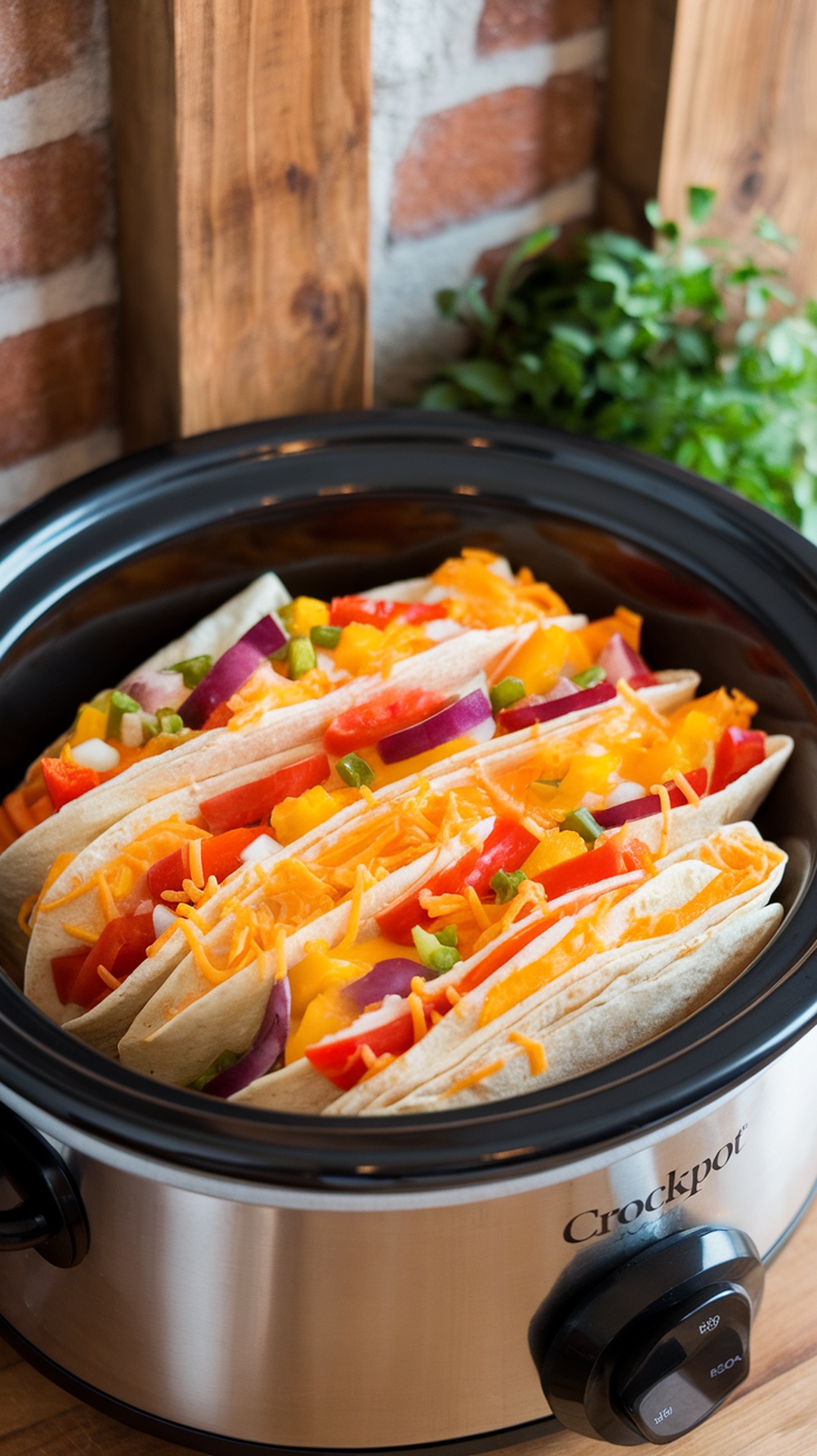 Crockpot Breakfast Burrito Casserole with tortillas and colorful vegetables.