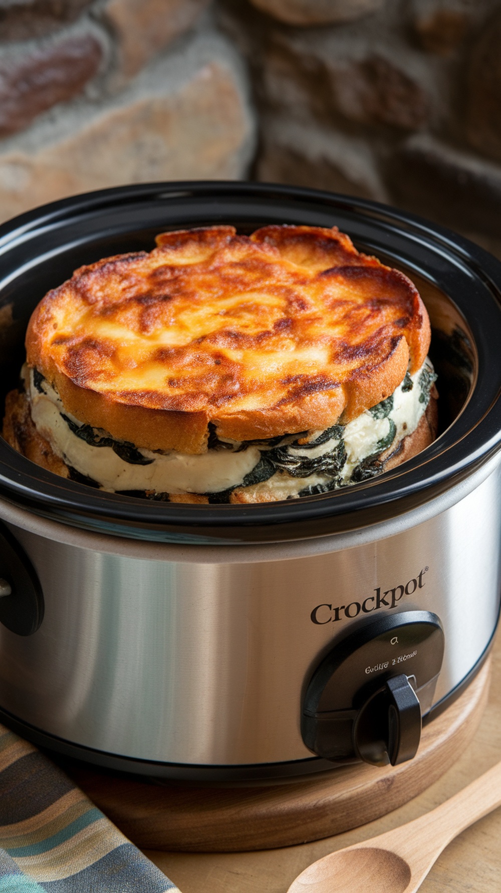 A crockpot filled with a baked breakfast strata featuring layers of bread, smoked gouda cheese, and spinach.