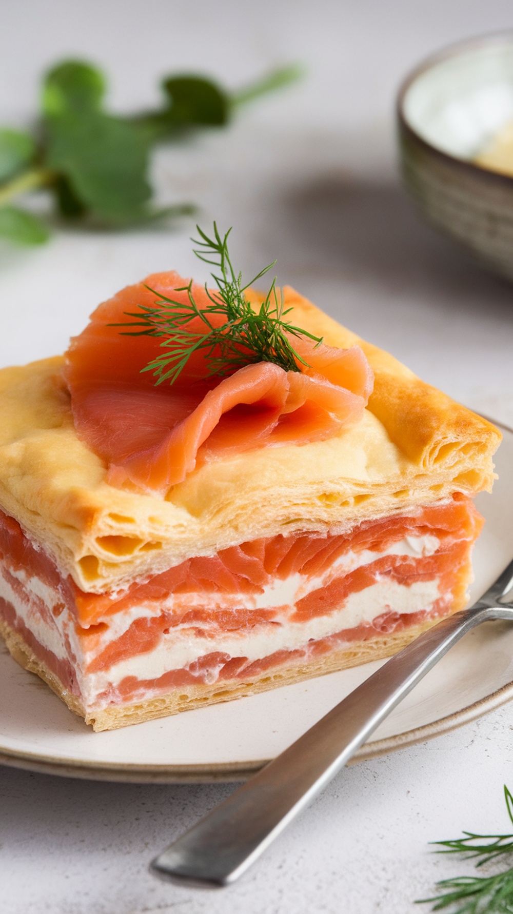 A delicious slice of smoked salmon and cream cheese casserole garnished with dill.