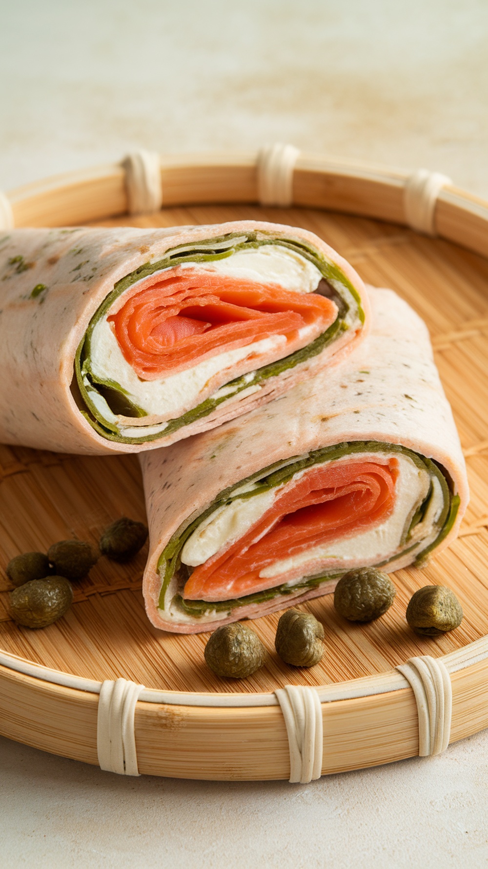 A close-up of a smoked salmon and cream cheese wrap, showcasing layers of salmon, cream cheese, and greens