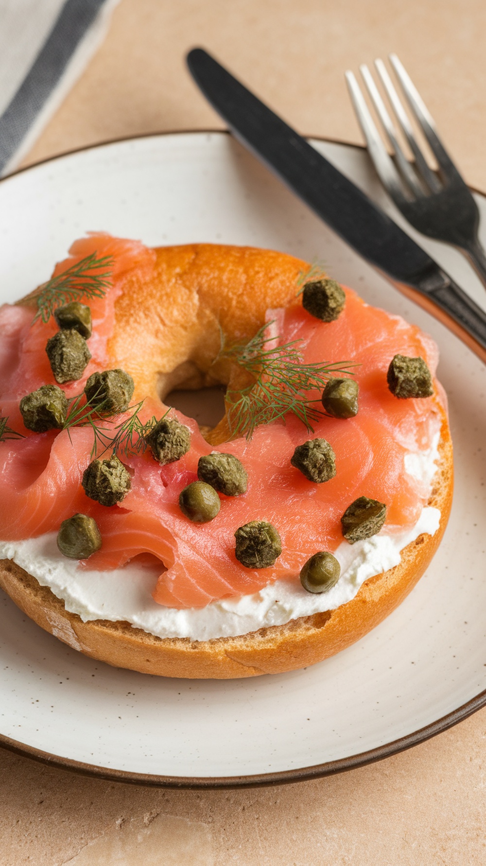 A smoked salmon bagel topped with cream cheese, capers, and dill on a plate.