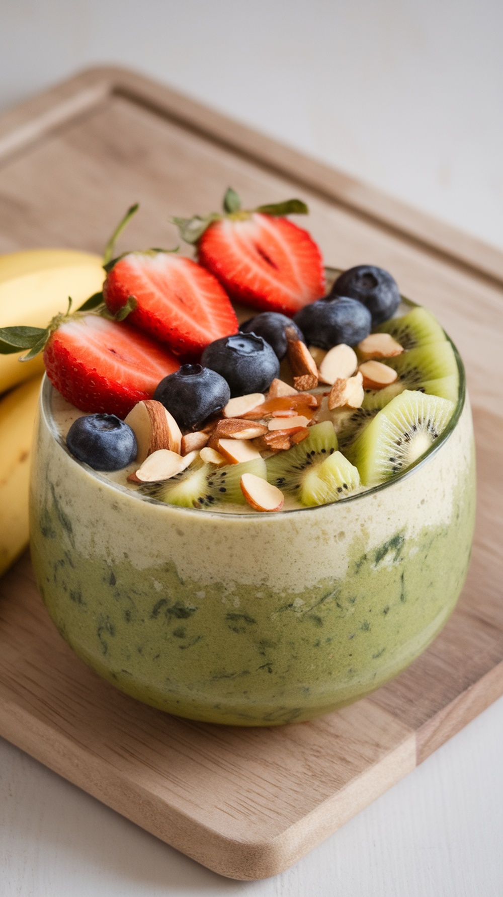 A vibrant smoothie bowl topped with fruits and nuts.