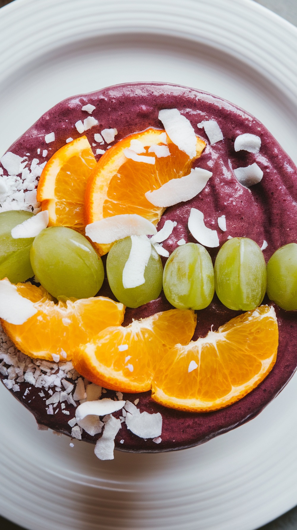 A vibrant smoothie bowl topped with tropical fruits and coconut flakes.
