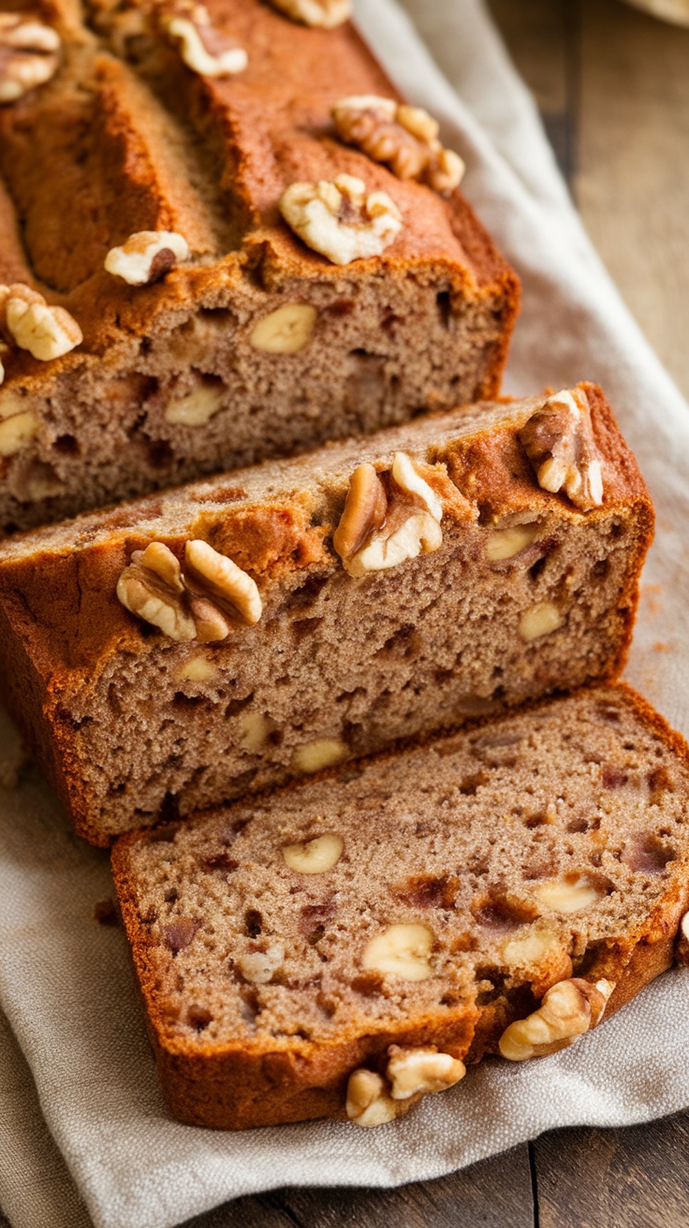 Delicious sourdough banana bread with walnuts, sliced to reveal its moist texture.