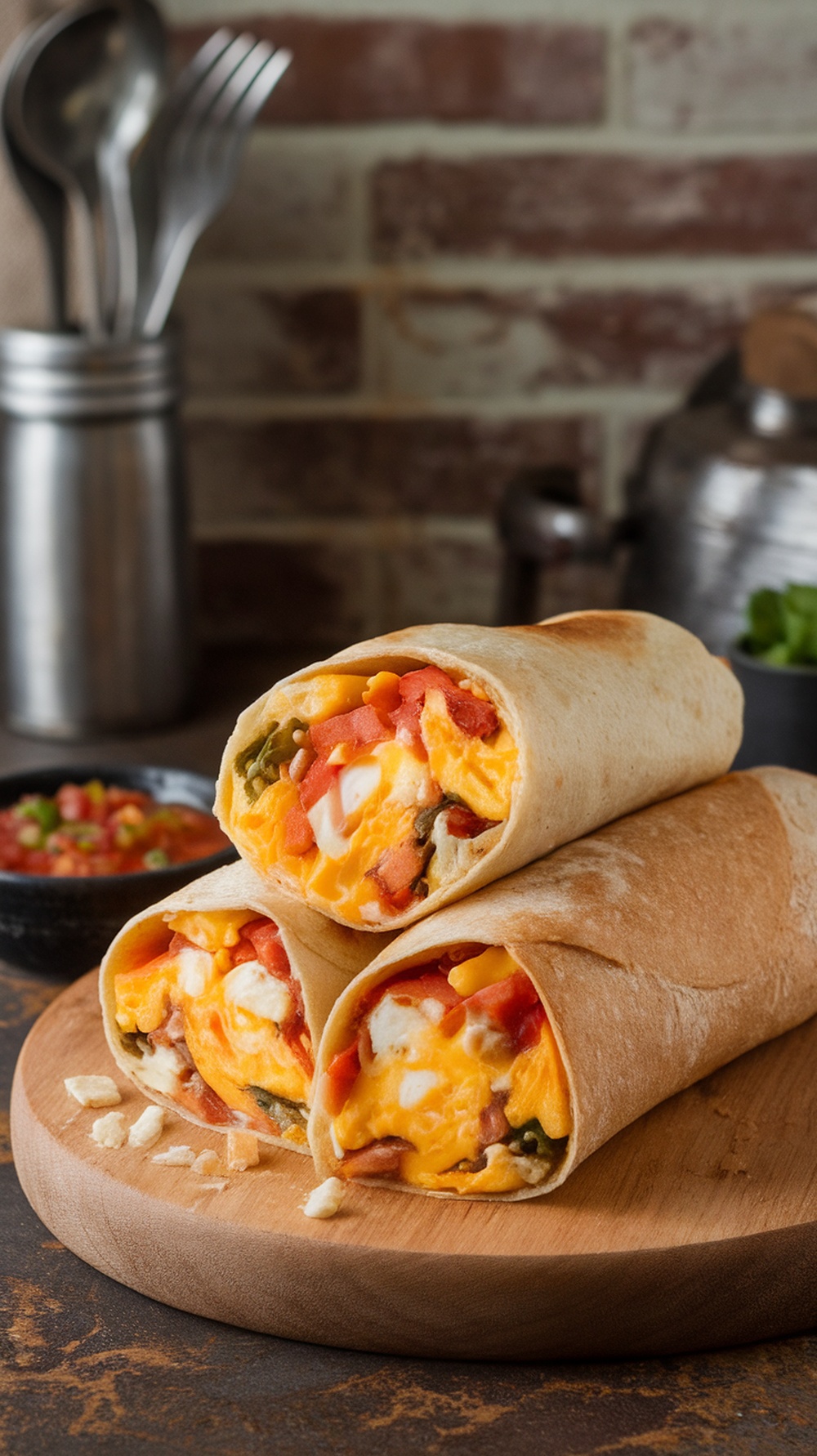 A delicious sourdough breakfast burrito filled with eggs, cheese, and vegetables, served with salsa.