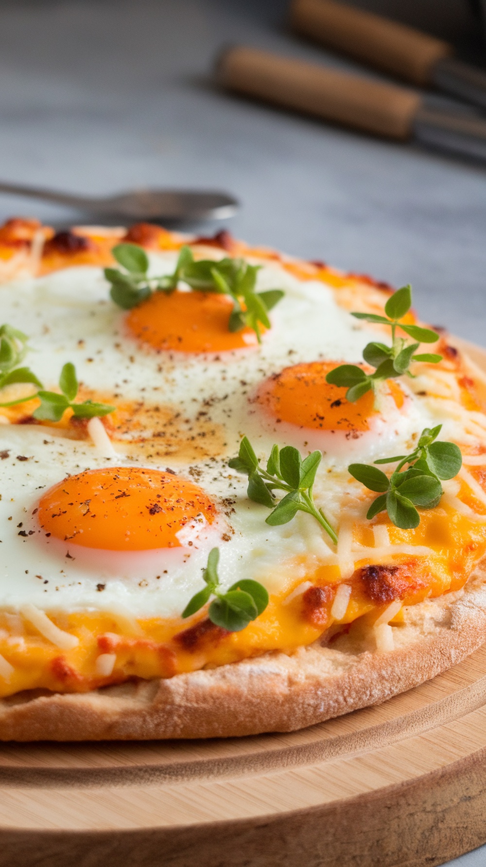 Sourdough breakfast pizza with eggs and fresh herbs