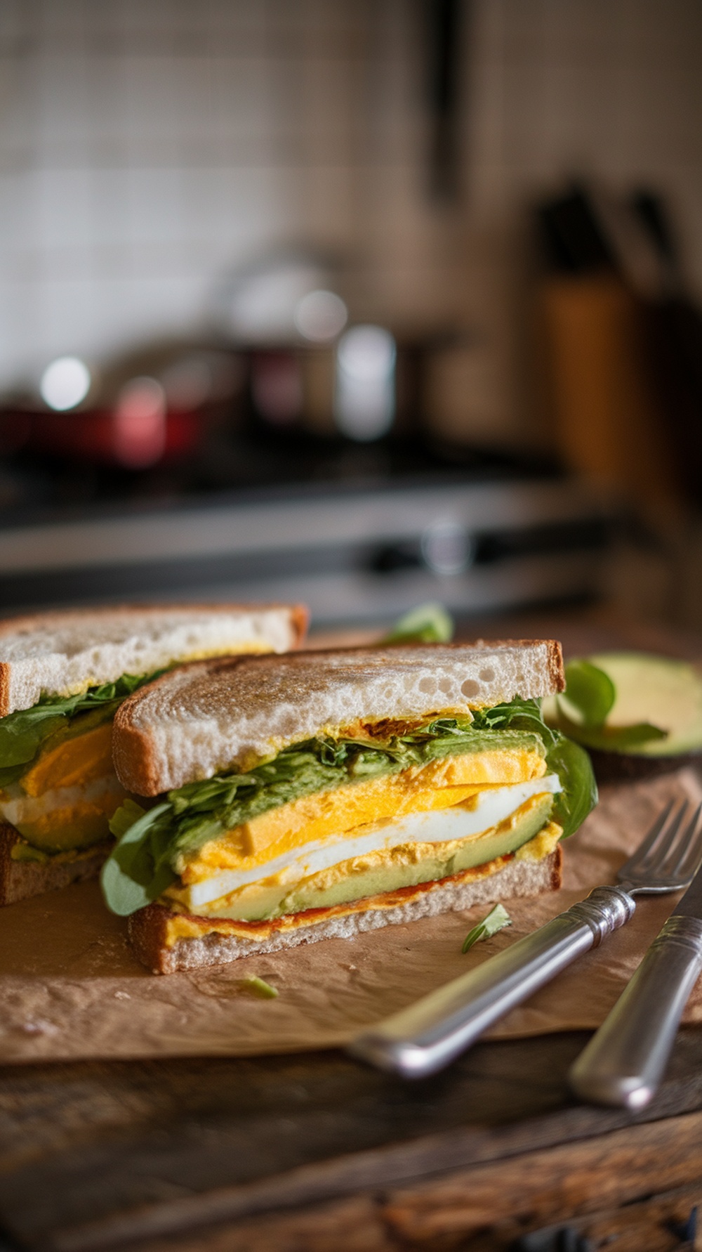 A delicious sourdough breakfast sandwich with avocado and eggs.