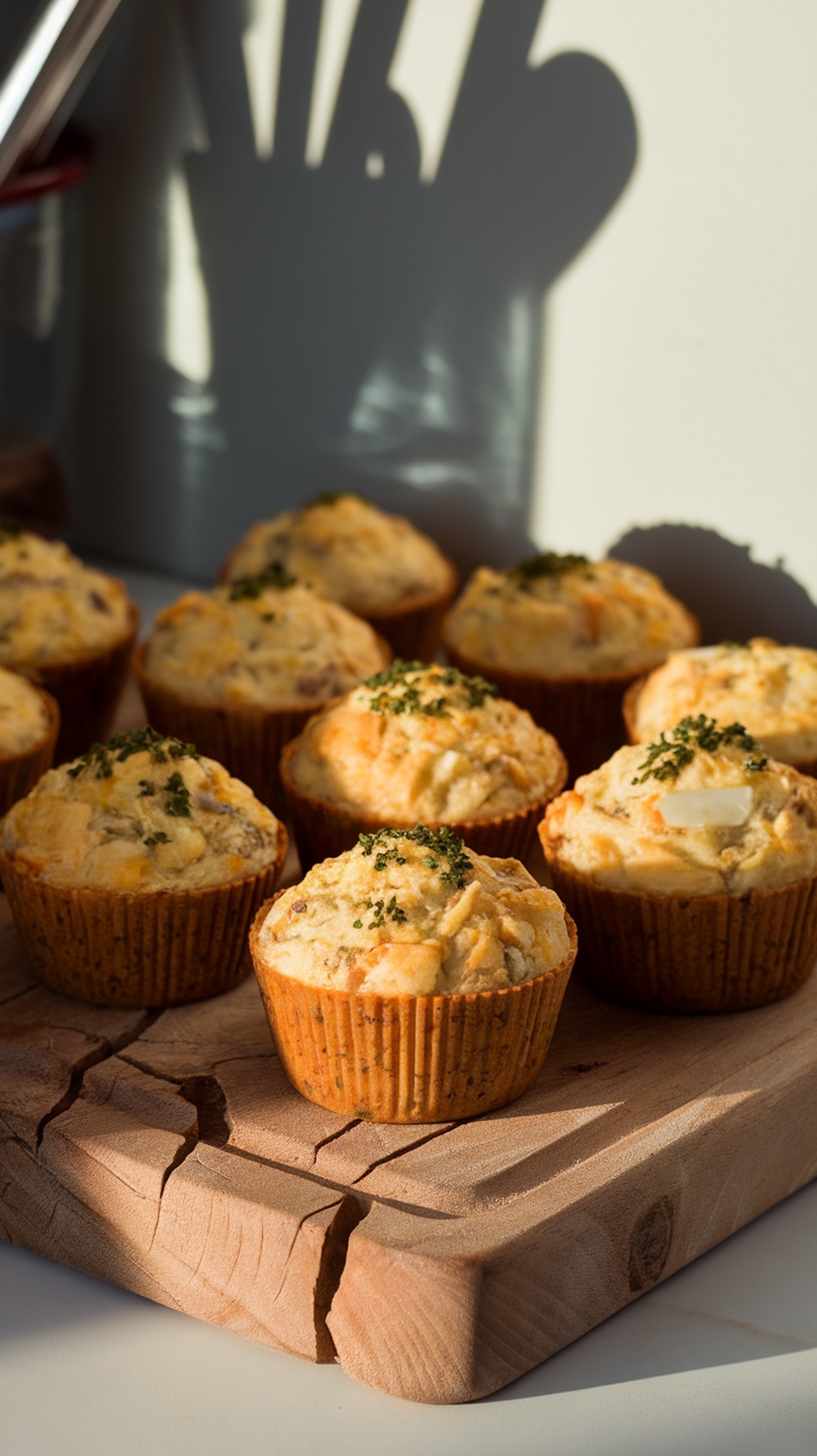 Sourdough egg and cheese muffins on a wooden board