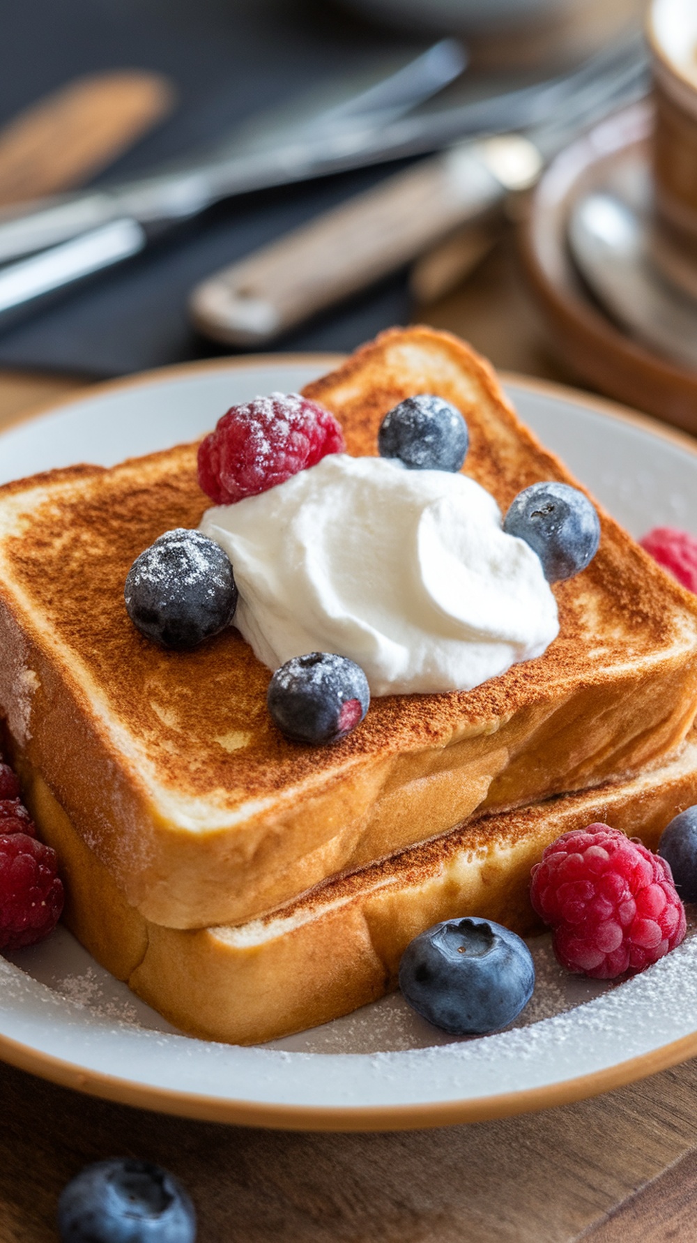 Delicious sourdough French toast topped with whipped cream and fresh berries.