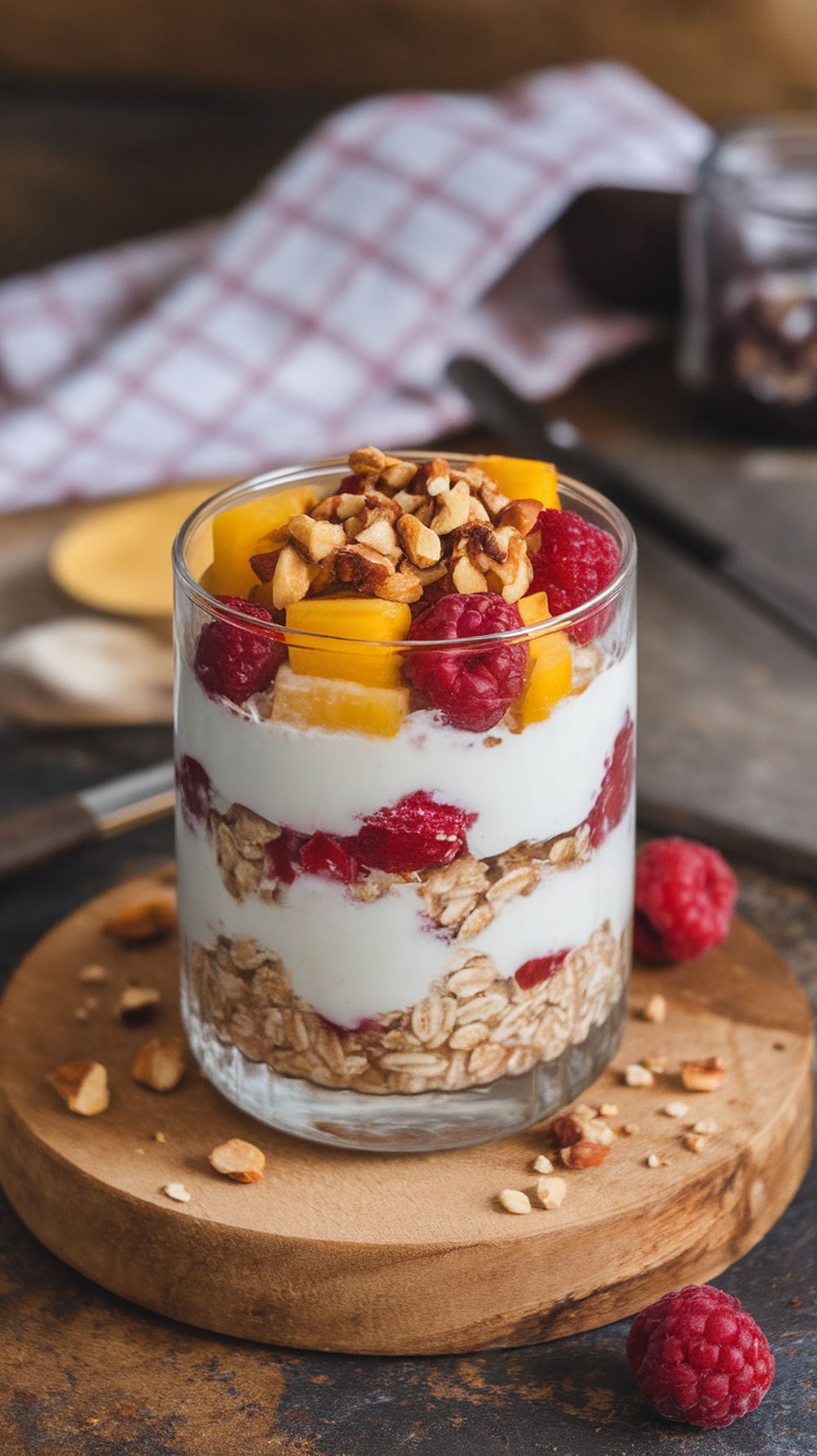 A layered parfait with oats, yogurt, fresh fruits, and nuts.