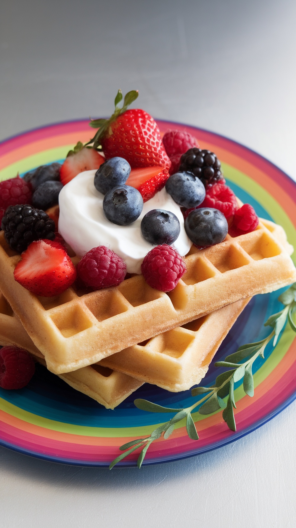 Sourdough waffles topped with fresh berries and whipped cream on a colorful plate.