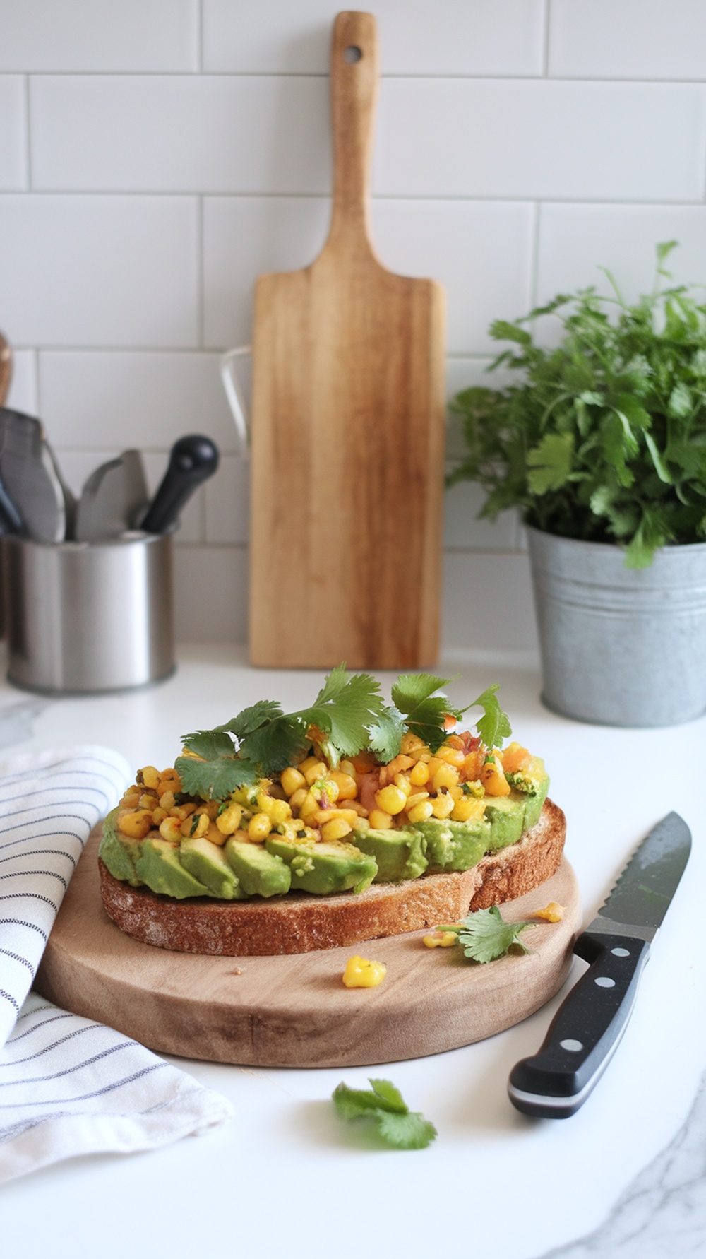 A plate of Southwestern avocado toast topped with corn salsa and cilantro.