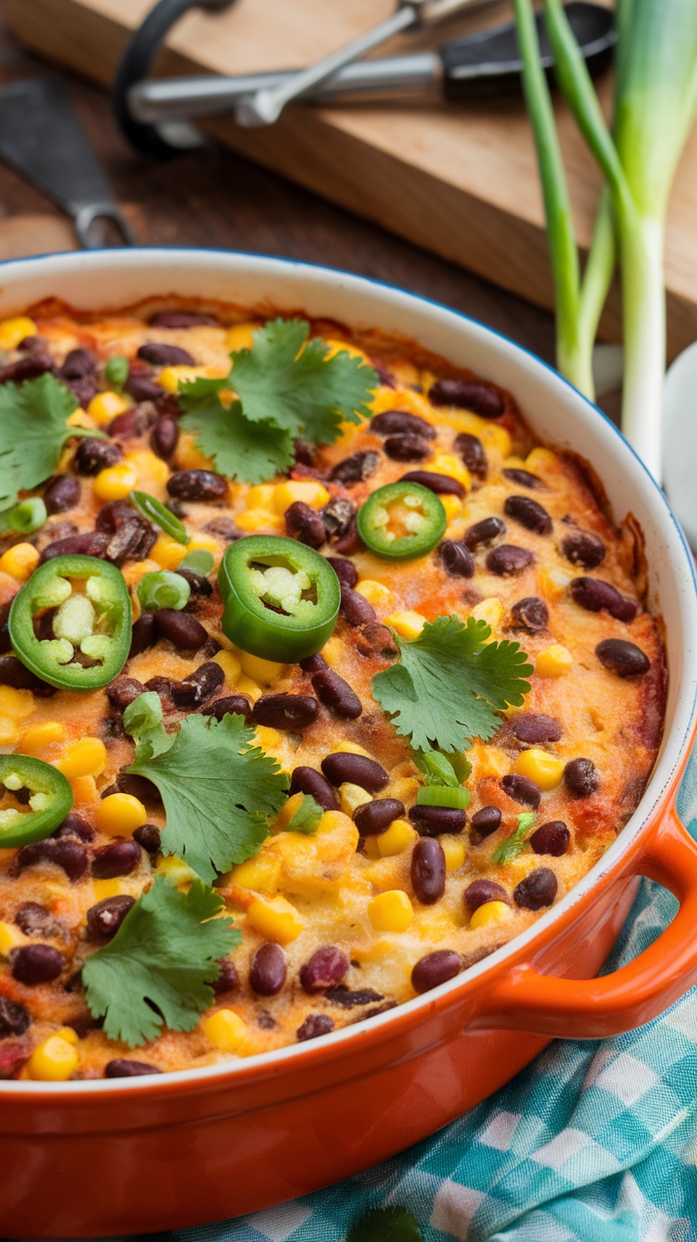A delicious Southwestern breakfast casserole with black beans, corn, and cilantro topping.