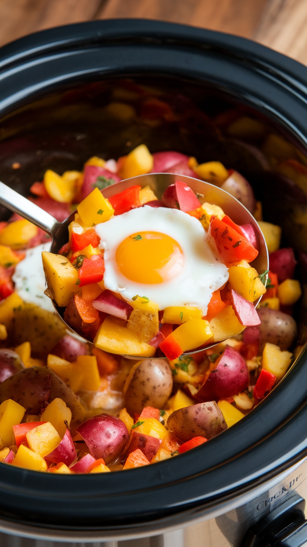 A delicious Southwestern breakfast hash with colorful vegetables and eggs.
