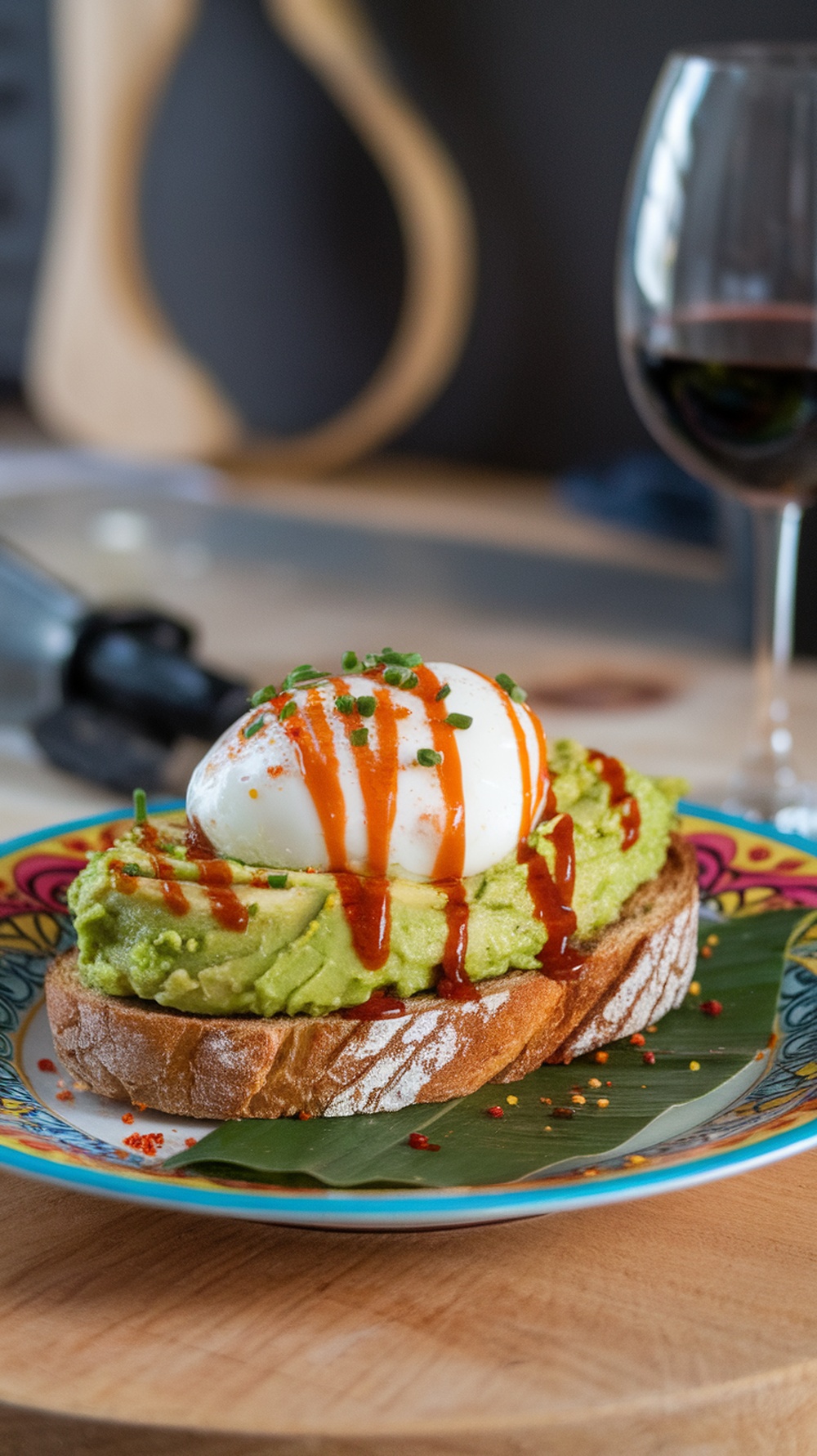 Spicy avocado toast with sriracha and poached egg on a colorful plate.