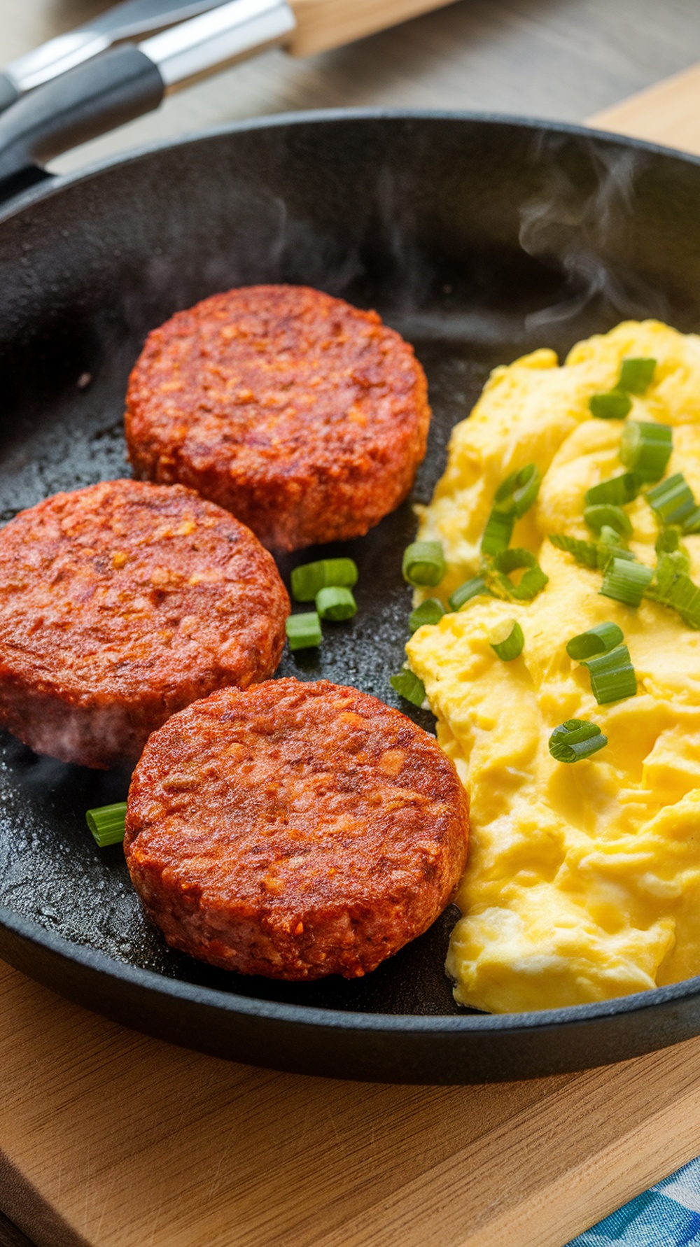 Three spicy chorizo breakfast sausage patties in a skillet next to scrambled eggs.