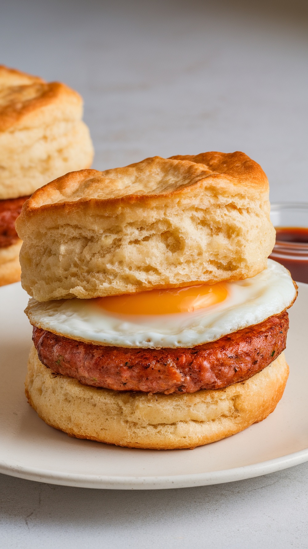 A delicious spicy sausage and egg biscuit sandwich ready to be enjoyed.