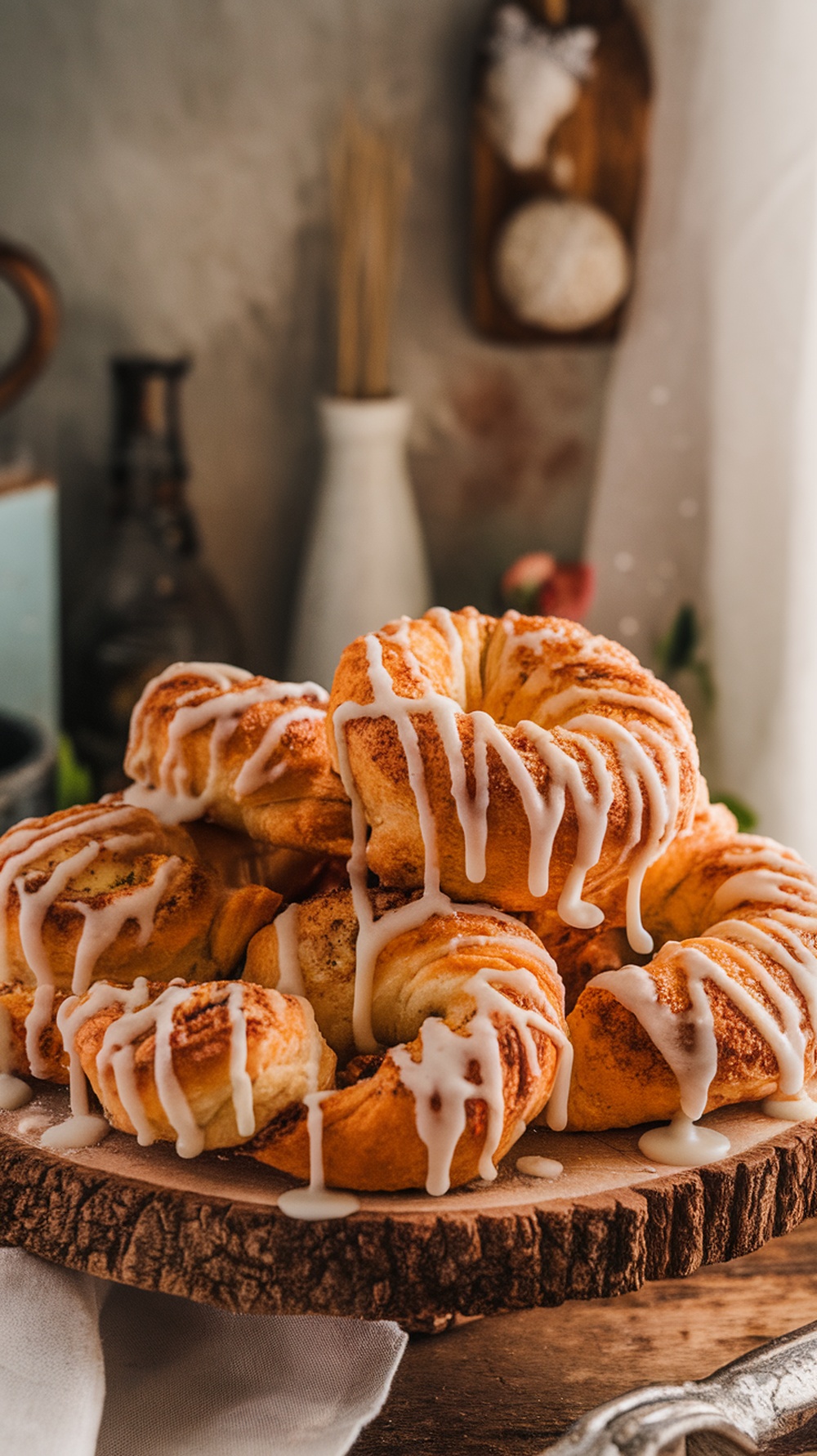 Sweet cinnamon roll crescent twists drizzled with icing on a wooden platter.
